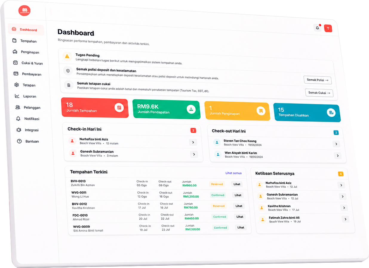 Papan pemuka UrusBooking — urus tempahan, pembayaran & tetamu